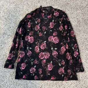 Torrid Floral Mesh Sheer Top Size 1 Plus Long Sleeve Black Pink NWT